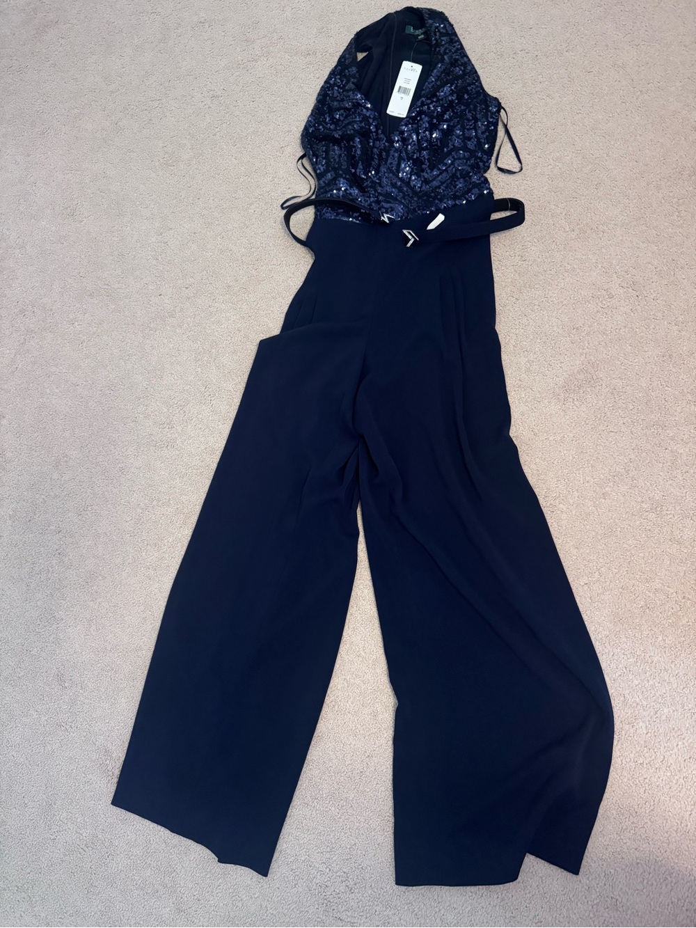 Lauren Ralph Lauren Navy Sequin Halter Wide-Leg Jumpsuit